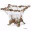 Ornamental Cast Bronze Crystal Fruit Bowl With Leaves, Clear Crystal Decorative Compote With Brass Base