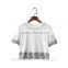 women vintage floral embroidery cropped blouse short sleeve o neck elastic T shirt short casual blouse B036