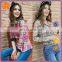 2017 Latest Design 100% Cotton Beautiful Mixedcolor Plaid t Shirt Blouse for Young Women