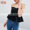 Women Denim Pleated Corset in Washed Black Crop Top and Skirt Clothes 2017