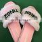Women Fur Flat Sandals with Rhinestone Ladies Summer Autumn Release Slippers shoes Black Pink