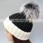 Latest design bi color big fur pom pom winter crochet hats with real fur ball
