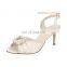 Women satin fabric pearl decorated design low heel peep toe ankle strap sandals shoes ladies beautiful buckle party shoes