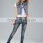 Garment Factory Women distressed jeans solid dark blue pencil pants bronze buttons women denim