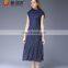2016 High quality clothes High collar Sleeveless black and blue stripe evening dress with cappa design