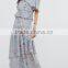 chinese clothing oem Fully lined Layered frill design V-neck Blue Maxi dresses women dresses
