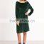 2017 Fashion Dark Green Velvet Long Sleeve Dress Slit Side Round Neck Velvet Plain Pajama Dress With Knee Length