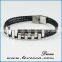 Silver Plated Stainless Steel Charms with Black Leather for Men Magnetic Bracelet