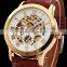 Vintage Gold Stainless Steel Case Mens Hollow Skeleton Leather Automatic Mechanical Wrist Watch