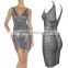 2015 New HL Sleeveless Deep V-neck Gold Silver Black Foiling Print Bandage Dress Sey Elegant Cocktail Bodycon Women Party Dress