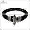 Chameleon Black Genuine Leather Braided Bracelet with Stainless Steel Wings, Skulls