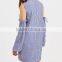 Blue Striped Open Shoulder Ruffle And Drawstring Sleeve Dress Women Casual Dress Spring Summer Long Sleeve Dress