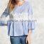 Woman Fashion Loose Style Light Blue Cotton Bell Long Sleeve Blouse Design Patterns back neck