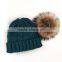 Myfur Teal Green Large Animal Raccoon Fur Bobble Crochet Hat and Cap