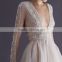 Sexy and Pure Color Prom Dress with Beading and Appliques High Quality V-Neck and Long Sleeve Tulle and Yarn Prom Dress