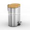 6L Bamboo Lid Trash Bin Oval Shape Pedal Soft Close Silver Stainless Steel Color