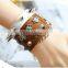 new model broader real leather punk press studs rivet men bracelets with finger ring chain