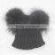 Myfur Black Color Boys Wool Knit Hat with Double Raccoon Fur Pom Poms Attached