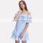 Off Shoulder Design Woman Summer Fashion Striped Blue Short Falbala Dress