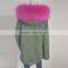 Myfur Long Parka with Rose Hot Pink Raccoon Fur Hood For Ladies