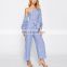 Asymmetric Plain Off The Shoulder Bow Waist Gathered Long Sleeve Rompers Jumpsuits Women 2017 Summer