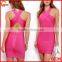 Wholesale halter neck body-con fit fuchsia bandage dress 2015