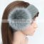 Women Lady Gray Color Knitted Hairband With A Fox Fur Ball