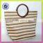 Lady elegant stripe shoulder bag in jute and cotton material handbag round handle