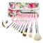Rose Flower Print Pattern 12pcs/set Goat Hair Cosmetic Brush Pink Handle Color Makeup Brushes Set Kit Free Shipping
