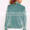 Women Velvet Bomber Jacket Green Ribbed Trim Zip Up Coat With Side Pockets With Custom Tag And Label