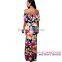 High Quality Wholesale Navy Blue Roses Print Off-the-shoulder Women Dresses 2016