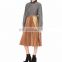 High Waist Gold toned Contrasting Elasticated Waistband Pleated Wool Skirt With Buckle-Fastened Side