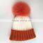 Myfur Ribbed Knitted Hat Adult Size Beanie With Fox Body Fur Pom Poms