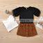 2020 Hot Sale New Creative Pure White Feather Sleeve T-shirt + Metal Button Corduroy Short Skirt Set