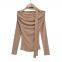 Design sense pure desire hot girl style pleated off-the-shoulder long-sleeved top women's spring and autumn streamer slim mesh stitching T-shirt