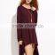 Burgundy Dip Hem Tee Dress With Long Sleeve Polyester Spandex Casual Plain Boat Neck High Low Hem Short Dress