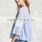Woman Fashion Loose Style Light Blue Cotton Bell Long Sleeve Blouse Design Patterns back neck