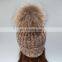 Knitted winter real fur pom beanie bobble hat with large fur pom pom