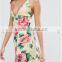 Guangzhou Clothing OEM Floral V Neck Thigh Split Rayon Plunge Strap Back Dress