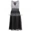 deep v-neck sleeveless black/silver waist beaded lady graceful dress/beaded evening dress