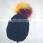Myfur Navy Color Adults Winter Wool Beanie with Raccoon Fur Pompom Top