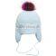 Myfur Baby Blue Wholesale Cotton Earflap Crochet Hat with Detachable Fur Pom Pom Top