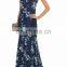 Latest fashion dress design cap sleeve printed silk crepe and chiffon evening gown for ladies