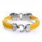 Genuine Polished Stingray Skin Leather Magnetic Bracelet Yellow with Silver plated lion head, men's bracelet