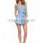 Woman fashion V neck tie waist halter backless sexy denim romper