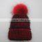 Myfur Red And Black Customized Adult Wool Beanie Hat with Real Fur Bobble