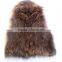 SJ129-01 Natural Raccoon Fur Vests Lady Fashion Knitting European Sleeveless Jackets with Fur Hood