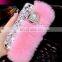 Luxury Winter Soft Warm Faux Rabbit Fur Fuzzy Plush With Crystal Cute Bowknot Protective Back Cover for Girls Xmas Gift