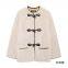 Belted fur-effect coat with pocket design for fall and winter, featuring a loose and warm fit. The coat is decorated with knotted embellishments.