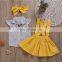 Spot pattern top with plain color gallus dress and headband 3pcs girls suit wholesale price